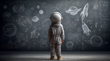 Child in a silver astronaut suit stands before a chalkboard filled with space drawings and physics equations, blending imaginative exploration with STEM education in a playful classroom scene.の素材