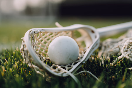 White lacrosse ball sitting inside netted stick head on grassy field, minimalist sports photography.の素材