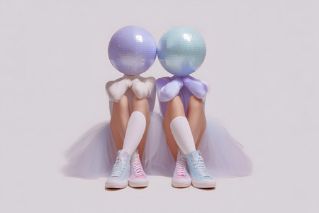 Two figures with lavender and blue disco ball heads in pastel outfits and sneakers, seated symmetrically in soft pastel setting.の素材