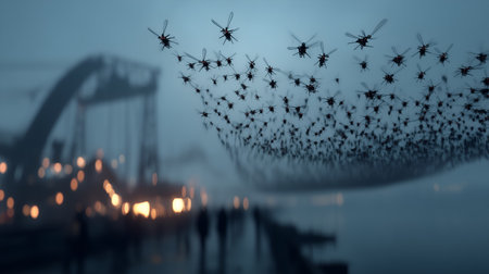 A dense, wave-like swarm of mosquitoes flies over a misty harbor. Silhouetted cranes and human figures add eerie scale and surreal atmosphere.の素材
