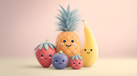 Playful set of five cartoon fruit characters with smiling faces, pastel colors, and friendly expressions - perfect for kids, branding, stickers, and educational use.の素材