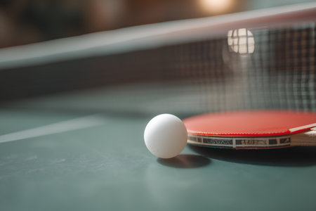 White ping pong ball resting on red paddle placed on green table tennis table, net blurred in background.の素材