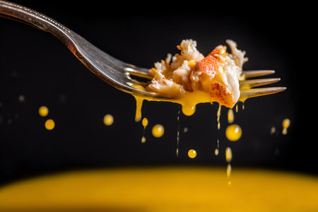 Close-up of forkful of crab meat dripping glossy yellow sauce on dark background; dramatic lighting, suspended droplets, and vivid texture for culinary advertising.の素材