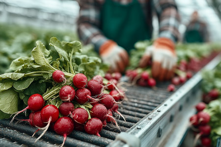 Close-up of vibrant red radishes with leafy tops on a conveyor belt, worker sorting produce in greenhouse. Editorial agriculture concept.の素材