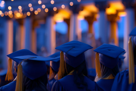 Rear view of graduates in blue caps and gowns with gold tassels under warm lights, capturing celebration and academic achievement.の素材