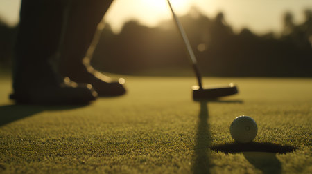 Close-up of golf ball near hole on putting green with putter and shoes in background. Warm sunlight and long shadows evoke precision, focus, and the drama of a crucial shot.の素材