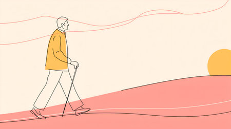 Stylized figure in orange top and white pants walking with a cane across a flowing abstract landscape of pink and red tones. A large yellow sun near the horizon and soft beige background evoke themes of resilience, motion, and quiet reflectionâideal for poetic editorial cycles, aging with dignity, or abstract nature-inspired storytelling.の素材