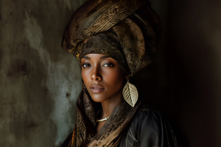 Dramatic portrait of a serene person wearing a voluminous brownâgold patterned headwrap and a large metallic leaf earring against a textured dark backdrop.の素材