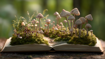 Open book on a natural surface with a miniature forest emerging from its pagesâmushrooms, moss and ferns create a whimsical, fairy-tale scene.の素材