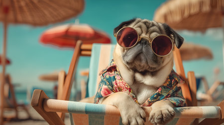 Whimsical pug wearing floral Hawaiian shirt and sunglasses, lounging on striped beach chair with umbrellas and blue sky. Playful summer vacation vibe.の素材