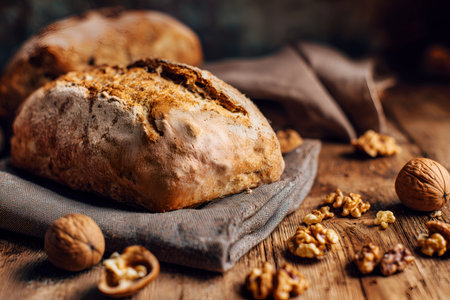 Freshly baked loaves of golden-brown bread with walnuts on a wooden surface, evoking homely warmth, artisanal baking, and natural ingredients.の素材