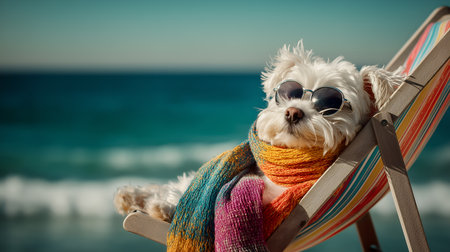 Small white dog in heart sunglasses and scarf lounges on a striped chair by the sea, playful and fashionable.の素材