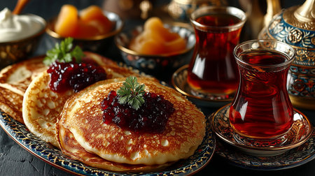 Traditional Russian breakfast with syrniki pancakes, sour cream, jam, and tea served with samovar in background.の素材