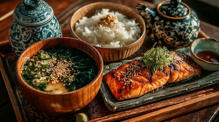 Traditional Korean breakfast with rice, kimchi, grilled fish, soup, and assorted banchan side dishes on minimalist wooden table.の素材