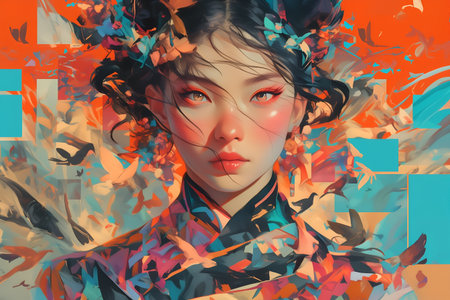 Highly stylized digital artwork of woman with porcelain skin, red eyes, floral hair elements, and abstract geometric background.の素材