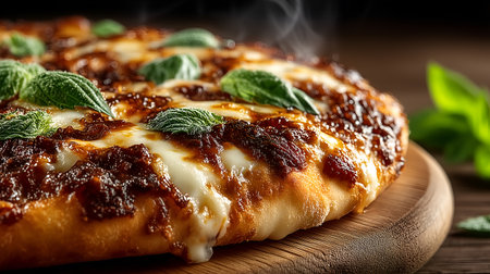 Classic Italian Margherita pizza with tomato sauce, mozzarella, and basil leaves on golden crust. Editorial food photography.の素材