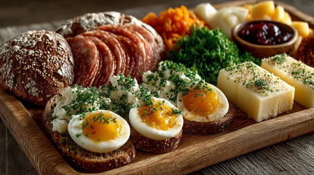Traditional Polish breakfast with rye bread, cheese, cold cuts, boiled eggs, and pickled vegetables in farmhouse kitchen.の素材