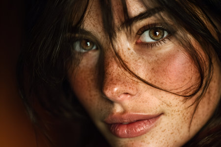 Detailed portrait with freckles, soft lighting, and warm tones. Expressive gas and natural texture evoke intimacy, emotion, and editorial beauty.の素材