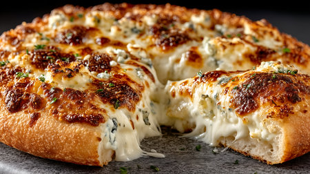 Rich four cheese pizza with mozzarella, parmesan, gorgonzola, and fontina on golden crust.の素材