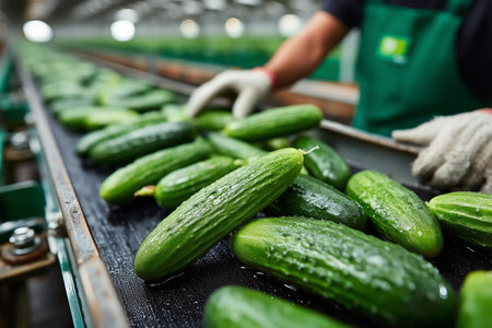 Clean cucumbers with water droplets moving on conveyor belt, worker inspecting produce in agricultural food processing facility.の素材