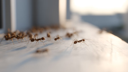 Close-up of ants on smooth surface in warm light. Long shadows and blurred background highlight insect motion, texture, and natural behavior.の素材