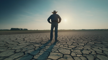 Individual in boots and plaid shirt surveys dry, cracked terrain under sunset sky. The scene evokes drought, climate concern, and agricultural resilience.の素材