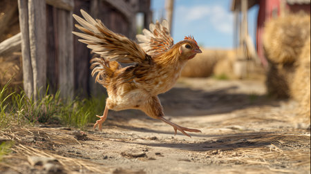 Chicken leaps with wings spread over dirt path. Motion, feathers, and rustic backdrop evoke vitality, spontaneity, and farm life energy.の素材