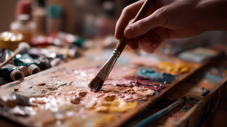 Close-up of hand blending paint on textured palette. Scattered supplies and warm lighting evoke creativity, motion, and the tactile process of artistic expression.の素材