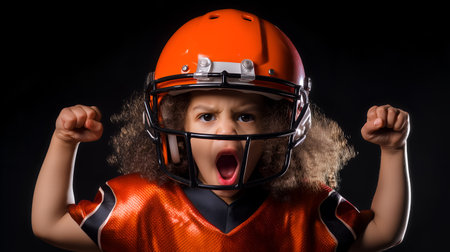 Child in orange football gear raises fists and shouts with intensity. Dark background highlights youthful energy, sports passion, and emotional expression.の素材
