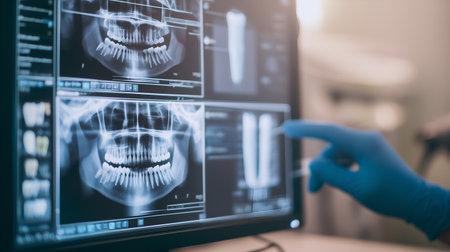Close-up of digital screen displaying panoramic dental X-rays. Gloved hand highlights diagnostic focus, jaw structure, and modern imaging in oral healthcare.の素材