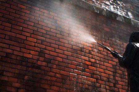 Person in a dark hooded jacket and gloves uses a pressure washer to blast dirt from a red brick wall; the cleaned area is noticeably lighter while mist and spray are visible in the air, showing effective surface restoration.の素材