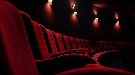 Red upholstered seats curve toward unseen stage in low-lit theater. Warm wall lights and shadows evoke anticipation, intimacy, and cinematic ambiance.の素材