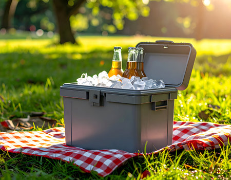Gray cooler filled with ice and glass bottles on red checkered blanket in grassy park. Sunlight and trees evoke leisure, freshness, and outdoor gathering charm.の素材