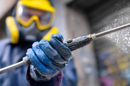 Worker in full protective gear â respirator mask, safety goggles, blue gloves and waterproof suit â operating a high-pressure water spray gun in an industrial cleaning task, close-up action shot.の素材