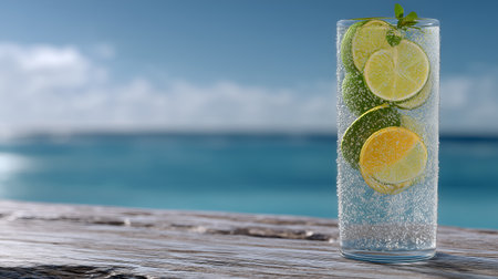 Tall glass of fizzy citrus spritz with lemon and lime slices and a mint sprig on a wooden surface, set against a blurred ocean backdrop â refreshing summer beachside beverage.の素材