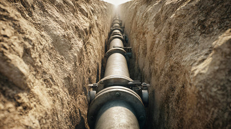 Metal pipeline runs through deep trench with compacted soil walls. Bolted joints and earthy textures evoke clarity, tension, and editorial depth in civil engineering storytelling.の素材