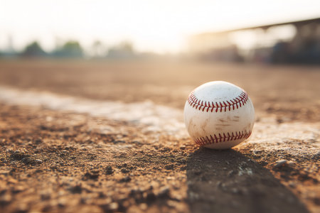 White baseball with red stitching lying on dusty infield near home plate, warm sunlight and natural textures.の素材