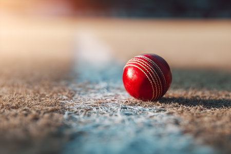 Red cricket ball resting on crease line of pitch, minimalist editorial sports style with warm afternoon light.の素材