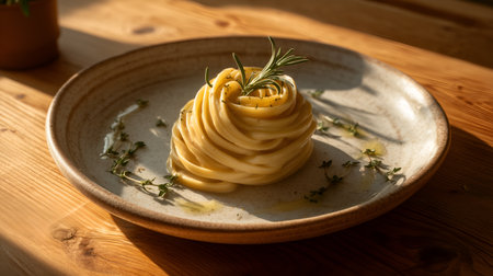 Swirled pasta garnished with rosemary and thyme on ceramic plate. Olive oil drizzle and warm wood tones evoke clarity, calm, and editorial elegance in culinary storytelling.の素材