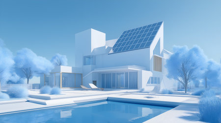 Geometric home with solar panels and pool in stylized blue landscape. Clean lines and eco features evoke clarity, calm, and editorial depth in sustainable living storytelling.の素材