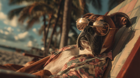 A Boxer dog in floral Hawaiian shirt and aviator sunglasses lounges on a beach chair at golden hour, humorous and whimsical vacation scene.の素材