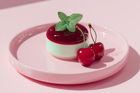 Elegant layered dessert with cherry glaze, mint garnish, and fresh cherries on a glossy pink plate, minimalist food styling.の素材