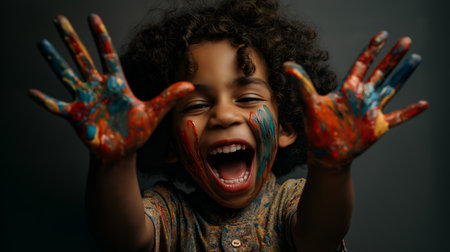 Child with multicolored paint on hands and face. Bright tones and expressive gesture evoke clarity, playfulness, and editorial depth in childhood creativity storytelling.の素材