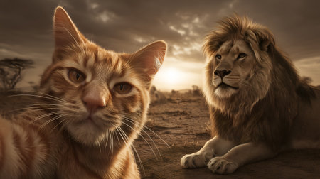 Orange tabby cat poses with lion in surreal selfie scene. Dramatic sunset and feline juxtaposition evoke clarity, humor, and editorial depth in conceptual storytelling.の素材