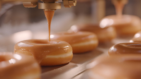 Golden donuts glazed by machine in bakery setting. Smooth icing and production precision evoke clarity, consistency, and editorial depth in food manufacturing storytelling.の素材