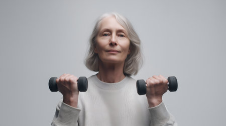 Gray-haired adult lifting dumbbells in soft sweater. Neutral backdrop and gentle pose evoke clarity, vitality, and editorial depth in wellness and strength storytelling.の素材