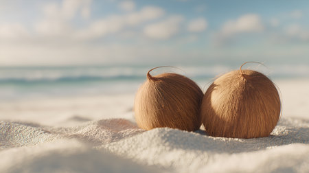 Coconuts resting on towel near ocean waves. Soft shadows and warm tones evoke clarity, leisure, and editorial depth in tropical lifestyle and vacation storytelling.の素材