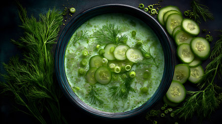 Creamy cucumber soup with dill and green onions. Vibrant greens and fresh textures evoke clarity, wellness, and editorial depth in botanical culinary storytelling.の素材