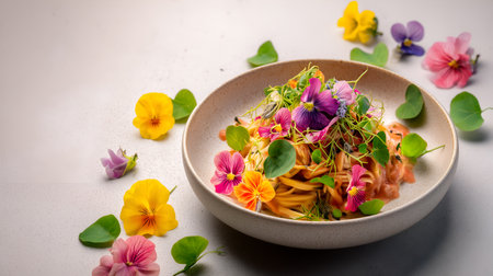 Creamy paste with vibrant blossoms and greens. Artistic plating and botanical styling evoke clarity, freshness, and editorial depth in gourmet culinary storytelling.の素材