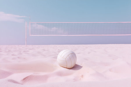 White volleyball lying on sandy beach court with faint net in background, minimalist pastel tones.の素材